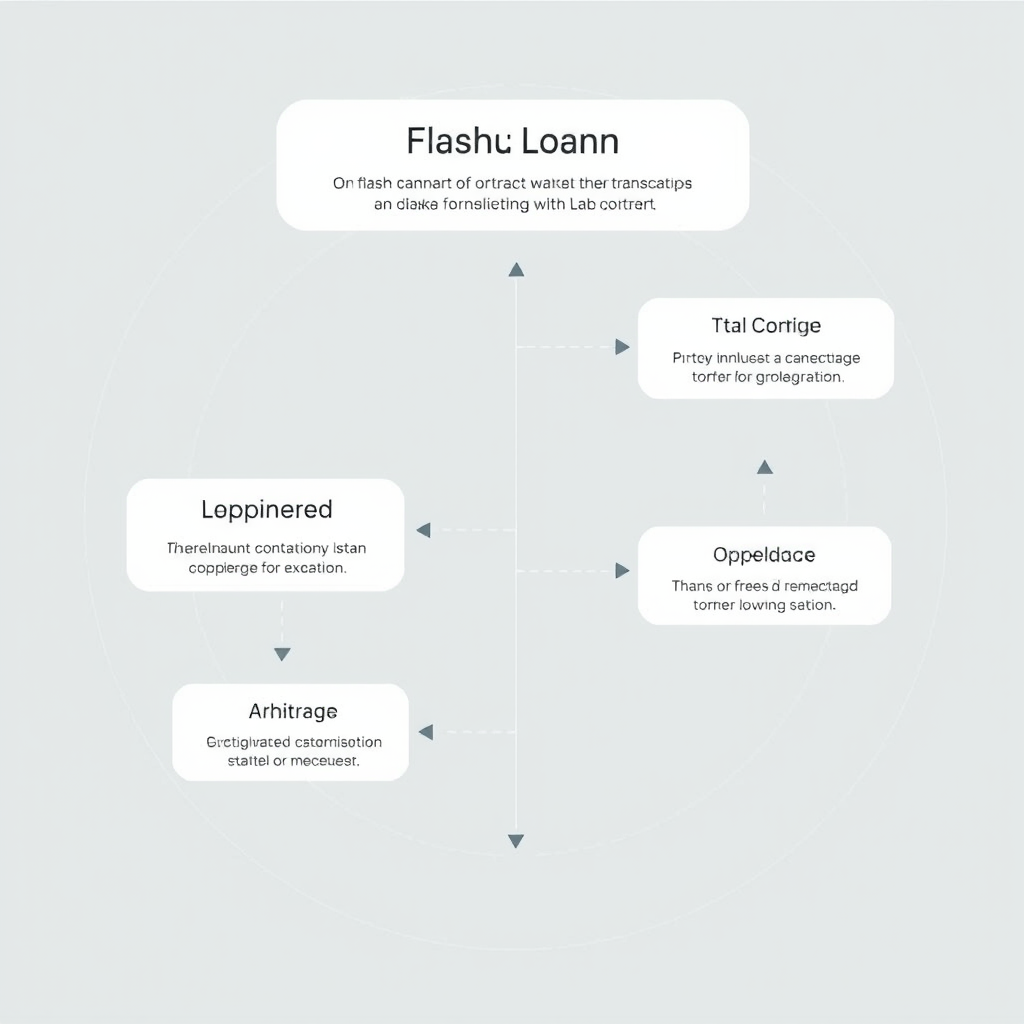 Technical diagram illustrating flash loan mechanisms with instant transaction flows, smart contract interactions, and arbitrage opportunities in minimalist design with neutral color palette